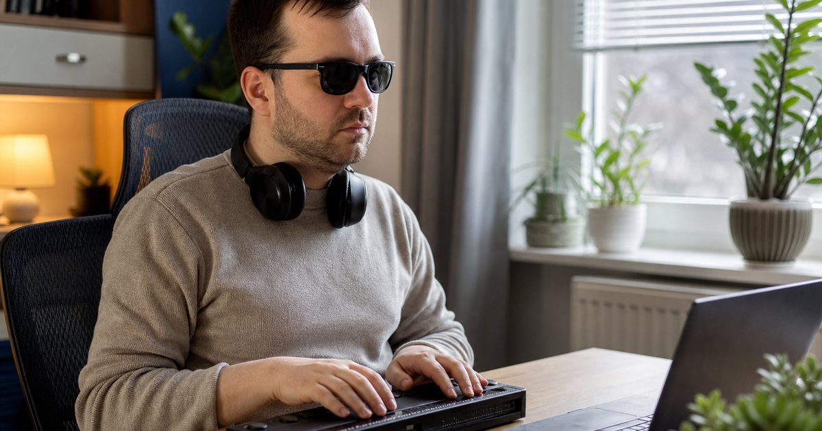 A person with low vision using a refreshable braille display beside a laptop with its lid angled away, at a home office desk, headphones around the neck, warm lamp light, plants on the windowsill