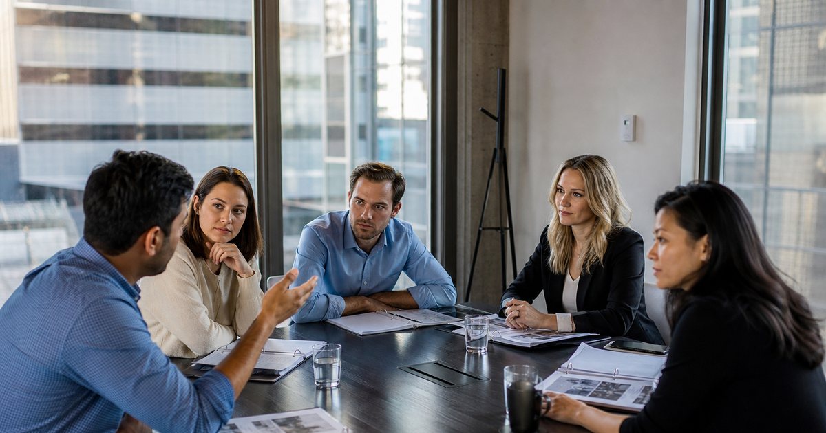 A conference room with five colleagues around a long table reviewing printed proposal binders, glass wall with a city view, one person gesturing while the others listen