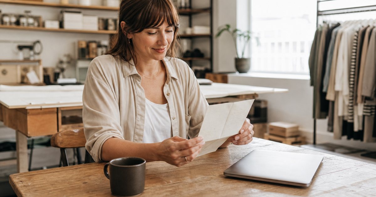 A small business owner at a wooden desk in a bright studio office reading a handwritten letter, coffee mug and closed laptop beside her, soft morning light through a large window