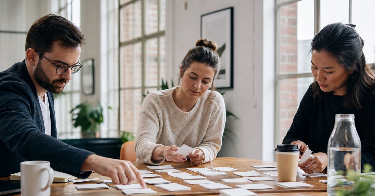 A marketing team of three at a wooden table sorting printed index cards into piles, coffee cups, natural light through tall windows, no readable text on the cards
