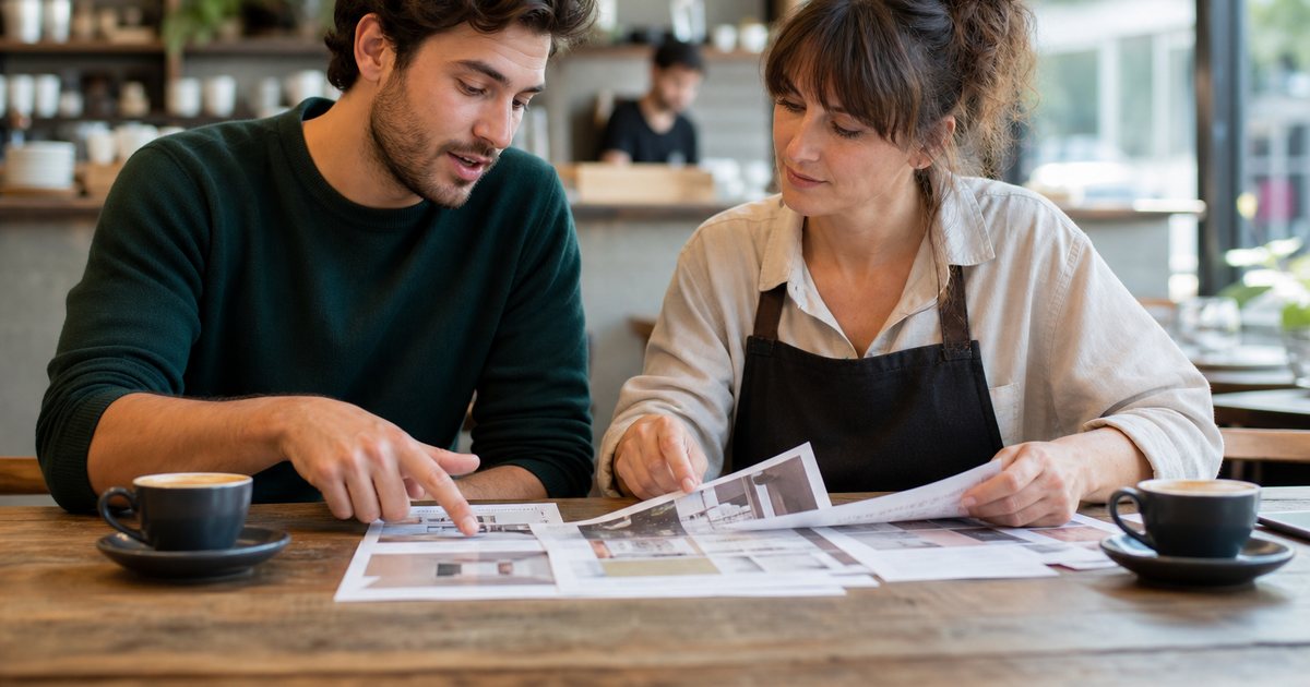 A web designer and a shop owner sitting side by side at a cafe table looking at printed page layouts, coffee cups, sunlight, no readable text on the pages