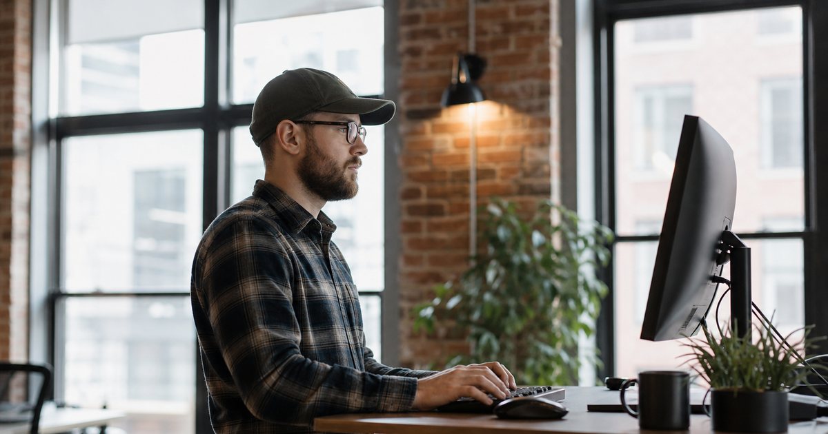 A web developer at a standing desk in a brick-walled loft office, hands on a mechanical keyboard, monitor turned away from the camera, potted plants, morning light