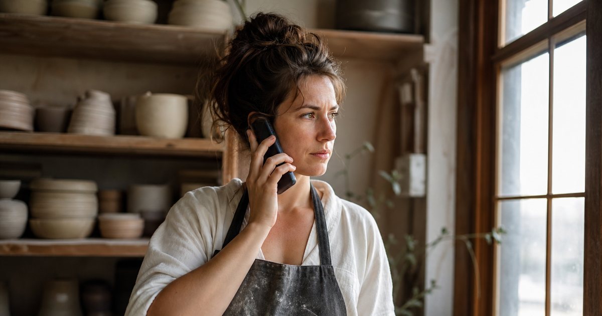 A woman in a clay dusted apron standing in a small ceramics workshop, phone held to her ear mid conversation, wooden shelves of unglazed pots behind her, warm afternoon window light